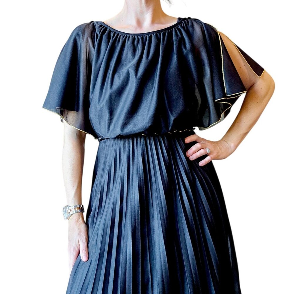VTG Black Fairy Goddess Long Dress Formal Floor Length Sz 6 Greecian Party Belt - Picture 7 of 16